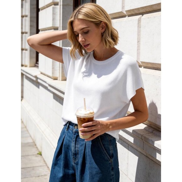 Women Cap Sleeve Sweaters Crewneck Lightweight Knit Sweater Vest Casual Business - Picture 6 of 7